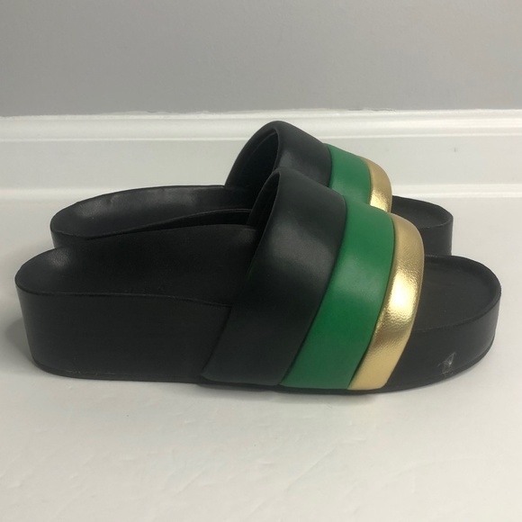 Sandro Black Green/Gold Striped Platform Slide on Sandals Size 37 - Picture 2 of 10